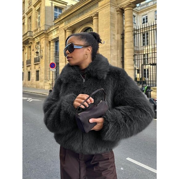 Women's Cropped Faux Fur Jacket Shaggy Lapel Zip Up Winter Coats Fuzzy Grey - Picture 5 of 6